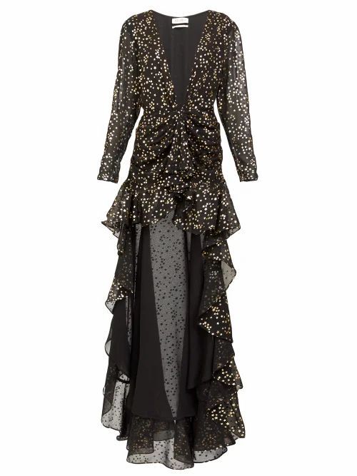 The Attico - Star-print Dipped-hem Dress - Womens - Black Gold
