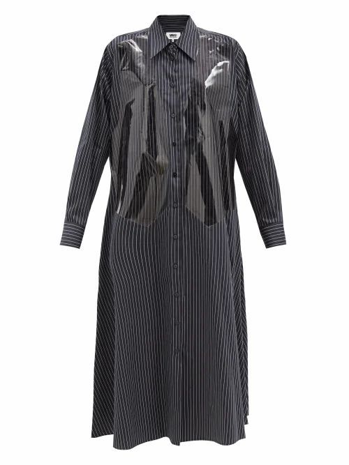 Vinyl-overlay Pinstriped Cotton Shirtdress - Womens - Black