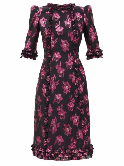 The Vampire's Wife - The Cate Floral-jacquard Ruffled Midi Dress - Womens - Black Pink
