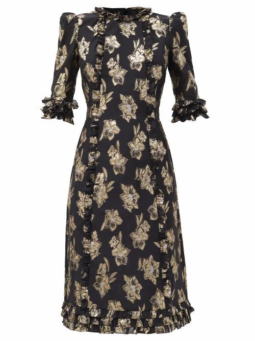 The Vampire's Wife - The Cate Floral-jacquard Ruffled Midi Dress - Womens - Black Gold