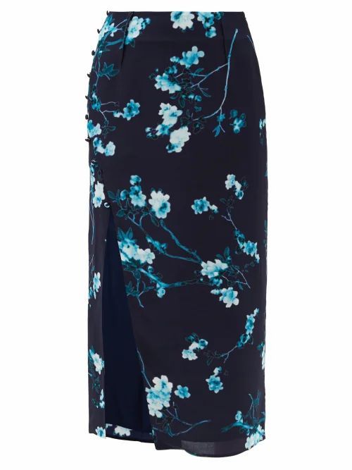 Edmund Side-slit Floral-print Silk Skirt - Womens - Blue Multi