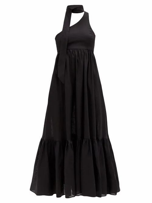 One-shoulder Sash-neck Linen Midi Dress - Womens - Black