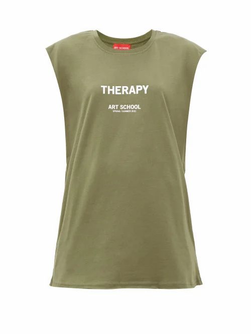 Art School - Therapy-print Cotton-jersey Tank Top - Womens - Khaki White