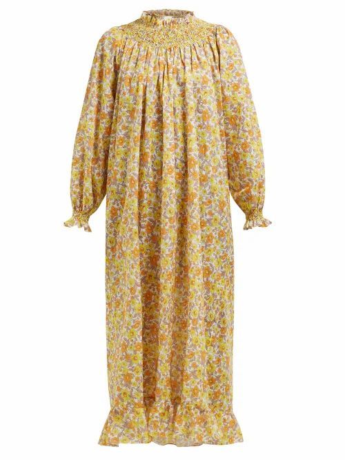 Loretta Caponi - Smocked Floral-print Cotton Maxi Dress - Womens - Yellow Multi