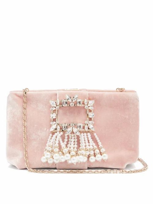 Roger Vivier - Rv Broche Crystal And Pearl-embellished Velvet Bag - Womens - Light Pink