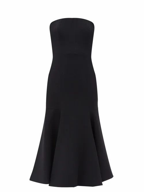 Strapless Fluted-hem Wool-blend Midi Dress - Womens - Black