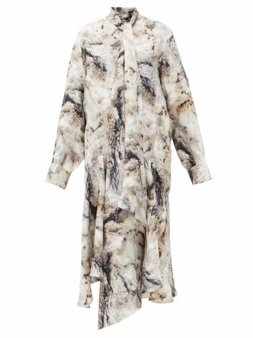 Petar Petrov - Andrea Pussy-bow Fox Fur-print Silk Dress - Womens - Grey Print