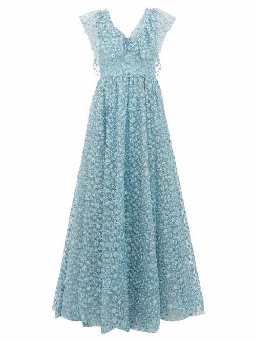 Luisa Beccaria - Floral-embroidered Tulle Gown - Womens - Light Blue