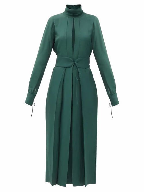 Victoria Beckham - Front-slit Belted Satin-twill Dress - Womens - Dark Green
