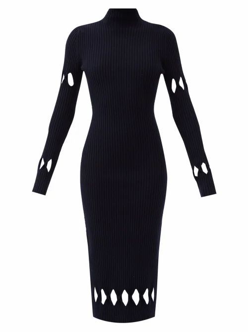 Diamond-cutout Roll-neck Wool-blend Sweater Dress - Womens - Navy