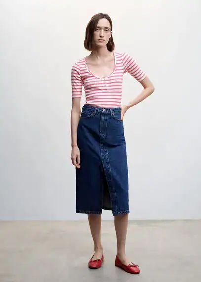 Striped rib T-shirt pink - Woman - XS - MANGO