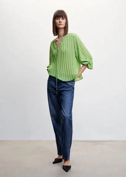 Pleated blouse with puffed sleeves green - Woman - 4 - MANGO