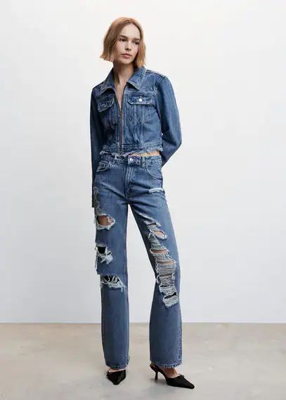 Ripped high-rise straight jeans medium blue - Woman - 4 - MANGO