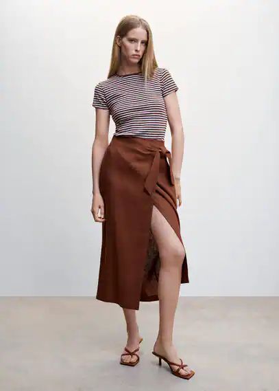 Striped cotton T-shirt brown - Woman - XXS - MANGO