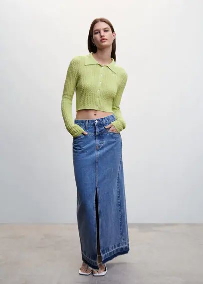 Cable-knit cropped cardigan lime - Woman - S - MANGO