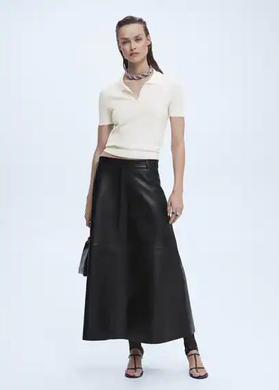 100% leather midi skirt black - Woman - XS - MANGO