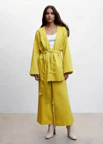 Cropped linen-blend trousers lime - Woman - XS - MANGO