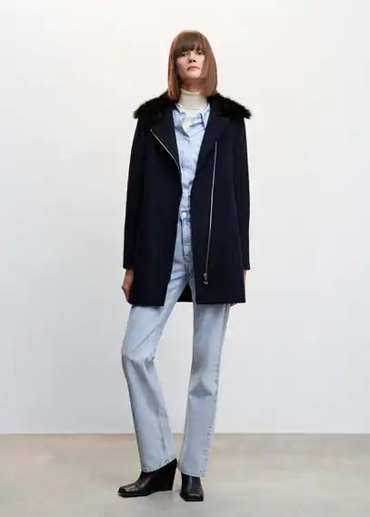 Detachable fur collar coat navy - Woman - XXS - MANGO
