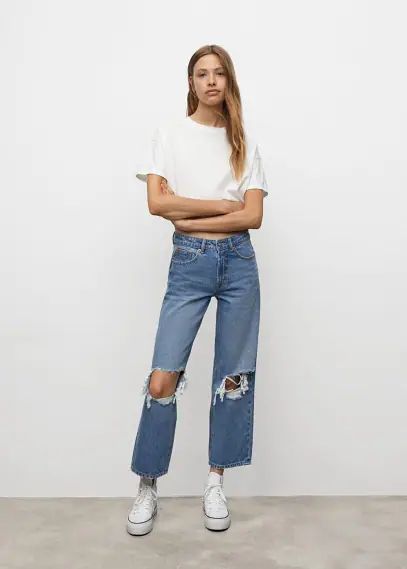 Decorative ripped wideleg jeans medium blue - Teenage girl - XS - MANGO TEEN