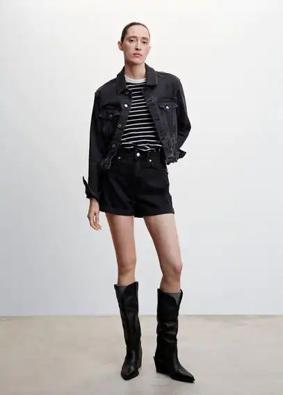 Mom-fit denim shorts black denim - Woman - 4 - MANGO