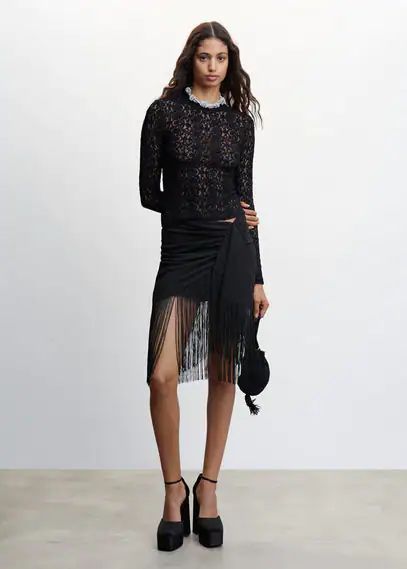 Fringed miniskirt black - Woman - S - MANGO