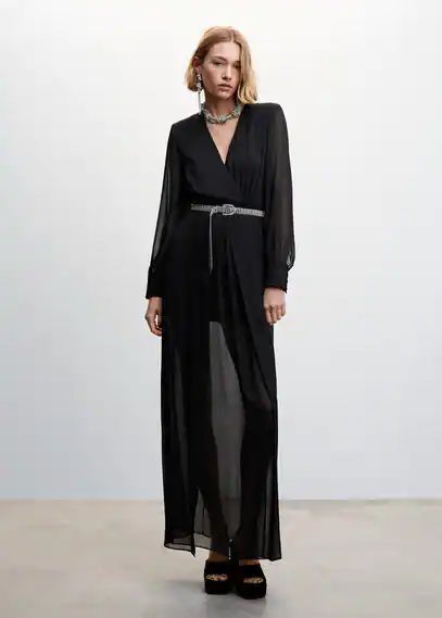 Chiffon dress with slits black - Woman - 6 - MANGO