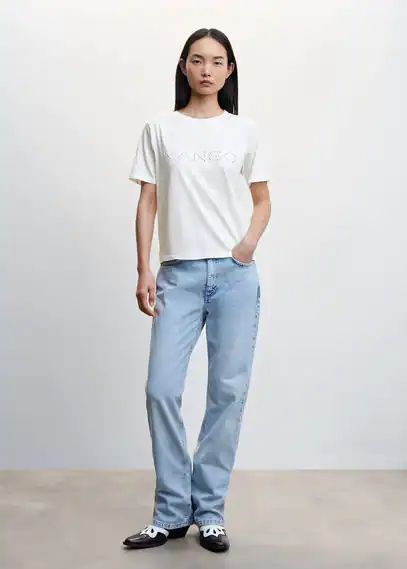 Laser-cut cotton T-shirt off white - Woman - XS - MANGO