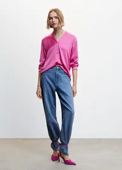 Satin V-neck blouse pink - Woman - 8 - MANGO