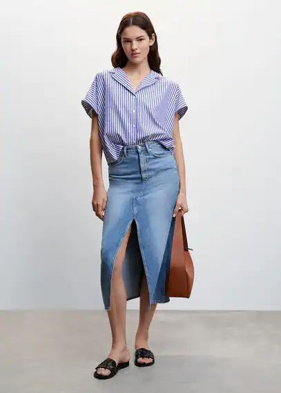 Short sleeve striped shirt blue - Woman - 8 - MANGO