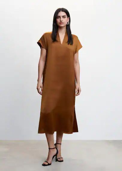 Side-slit satin dress brown - Woman - 6 - MANGO