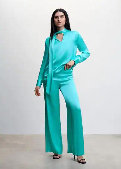 Satin palazzo trousers turquoise - Woman - XS - MANGO