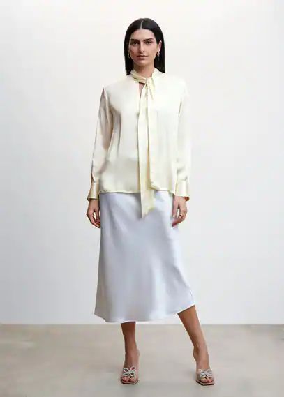 Satin blouse with bow collar off white - Woman - 6 - MANGO