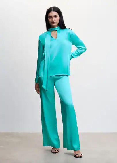 Satin blouse with bow collar turquoise - Woman - 6 - MANGO