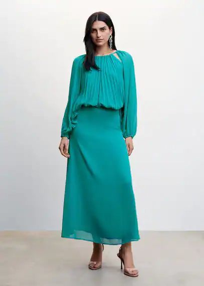 Pleated off-the-shoulder blouse turquoise - Woman - 6 - MANGO