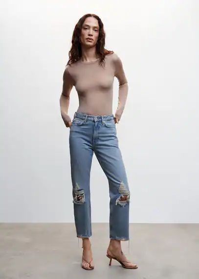 Ripped high-rise straight jeans medium vintage blue - Woman - 12 - MANGO