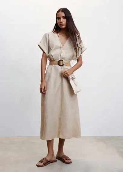 Belt linen dress beige - Woman - 4 - MANGO