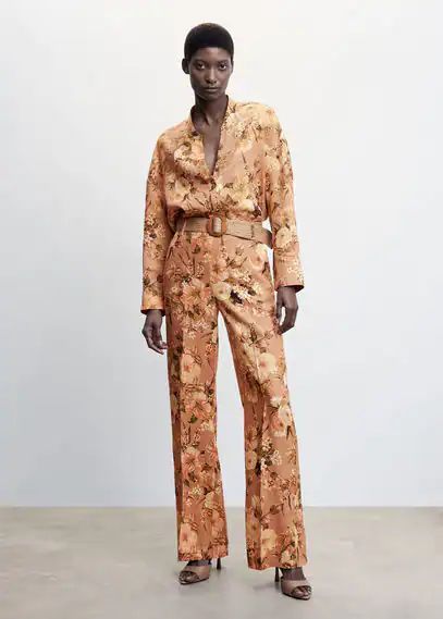 Floral linen trousers brown - Woman - 4 - MANGO