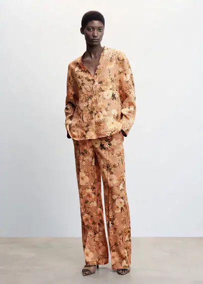 Floral linen-blend blouse brown - Woman - 6 - MANGO