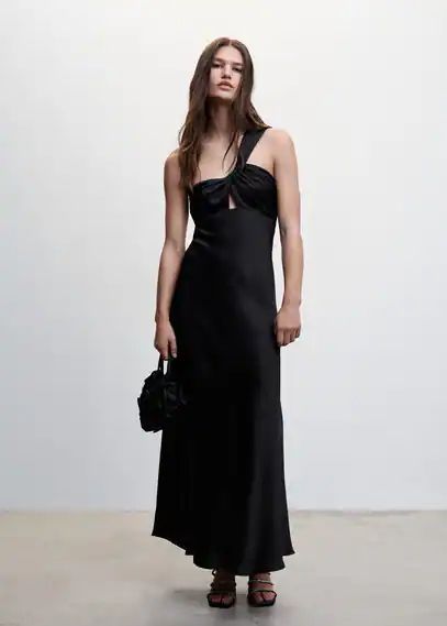 Asymmetrical black satin dress black - Woman - 6 - MANGO