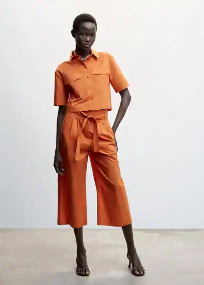 Chest-pocket cotton shirt orange - Woman - 6 - MANGO