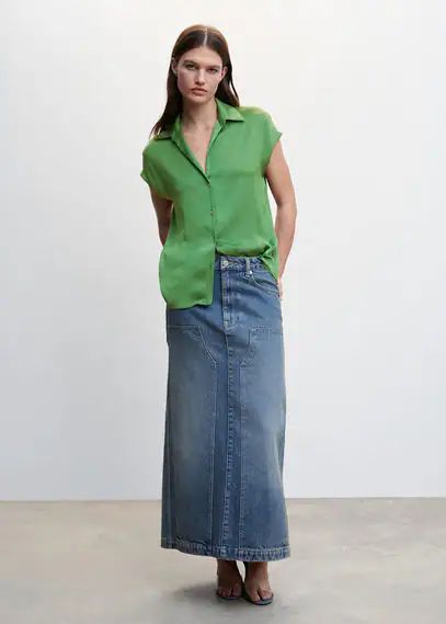 Short-sleeved satin shirt green - Woman - 6 - MANGO