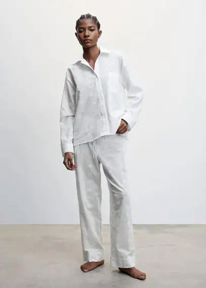 Pajama shirt with openwork details off white - Woman - S - MANGO