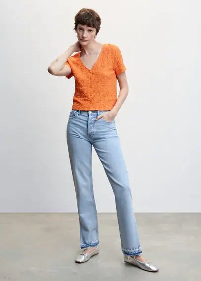 Buttoned texture T-shirt orange - Woman - XXS - MANGO