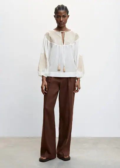 Embroidered cord blouse off white - Woman - 6 - MANGO