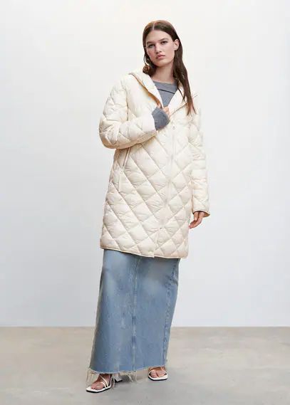 Hood quilted coat ecru - Woman - XS - MANGO