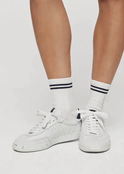 Contrasting panel leather sneakers white - Woman - 3 - MANGO