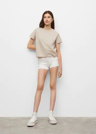 Essential cotton-blend T-shirt beige - Teenage girl - S - MANGO TEEN