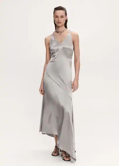 Asymmetrical satin-finish dress with asymmetrical hem silver - Woman - 12 - MANGO