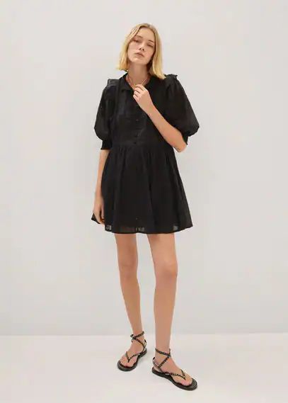 Puff sleeve embroidered dress black - Woman - 6 - MANGO