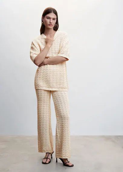 Knitted palazzo trousers ecru - Woman - XXS - MANGO